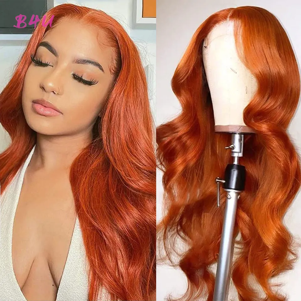 Spetsspår ingefära orange färgat mänskligt hår rakt framslutning Brazillian Body Wave 230314