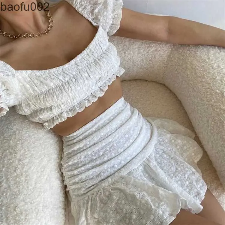 Casual Dresses Boho Inspired White Puff Sleeve Mini Sexig klänning Kvinnor Ruffled Two-Piece Set Dress New 2022 Women's Cute Summer Dress Beach Dress W0315