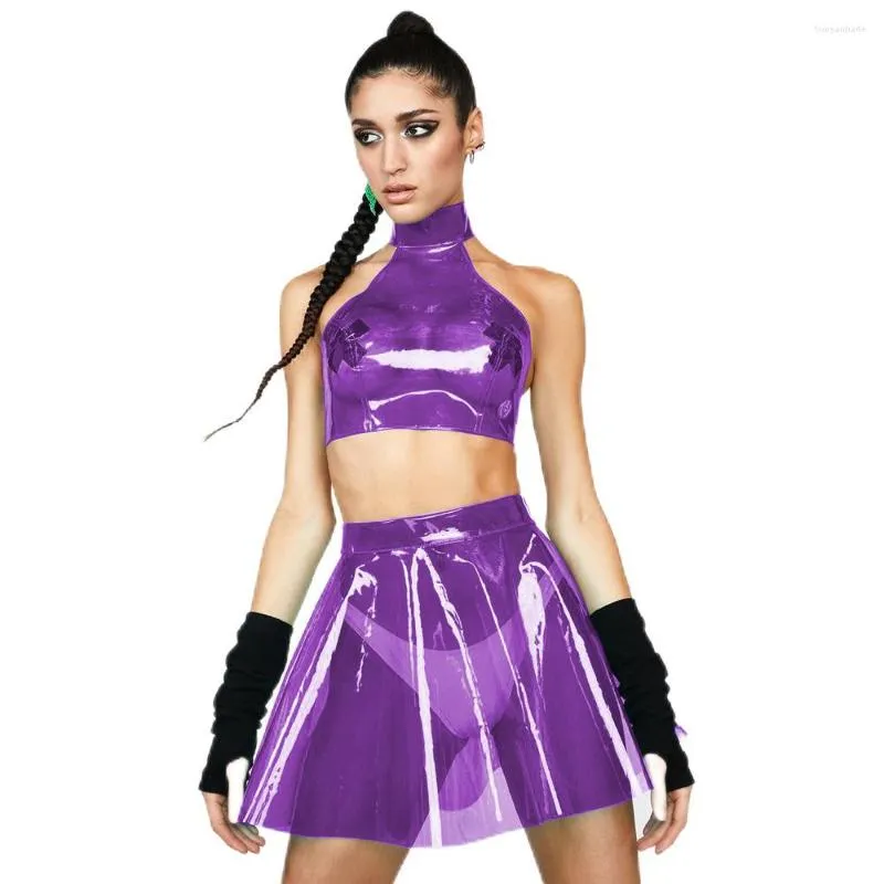 Werk jurken fetisj plastic jurk sets zomer heldere pvc mouwloze hangende nek crop top top high taille korte a-line rokken rave carnaval outfit