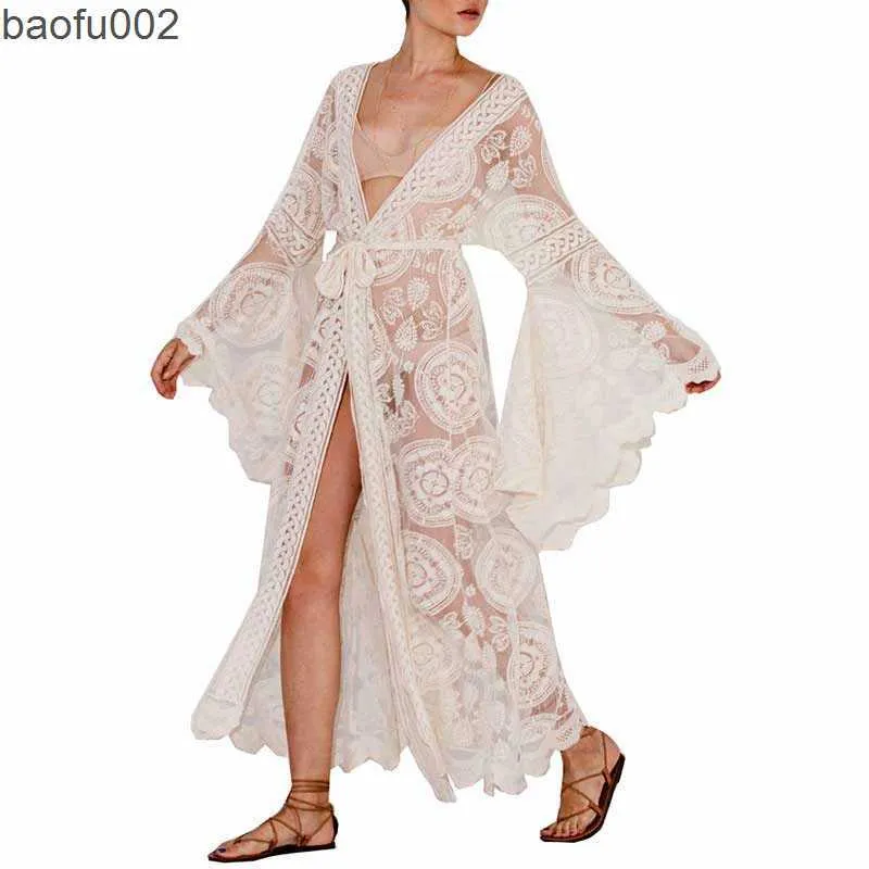 Maxi Boho Kimono Kaftan Cover-Up Gown Long Beach Robe - Women's Beach Dress with Sheer Lace Crochet Wrap and Open Front Cardigan (W0315)