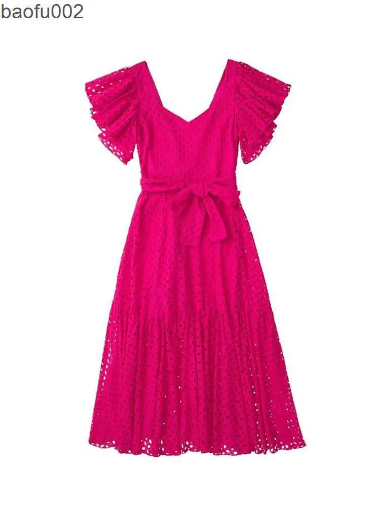 Abiti casual 2023 Elegante abito rosa con maniche a sbuffo da donna Holiday Beach Sundress Midi A-line Sexy scava fuori abiti a maniche corte Vestido A1129 W0315