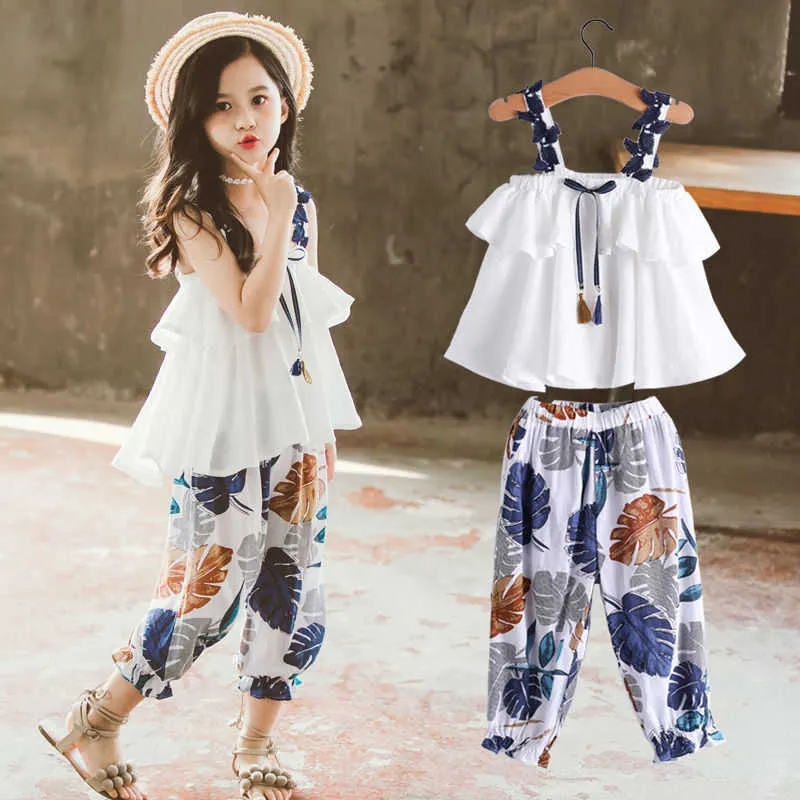 Summer Fashion Sling Top And Floral Pants Set In For Girls Two