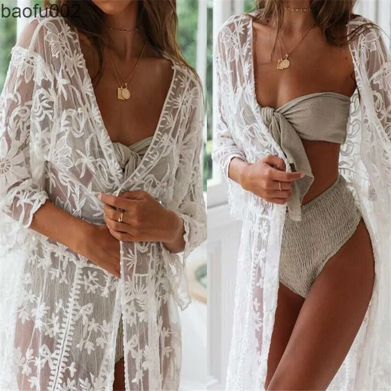 Casual Dresses Sexy White Lace Crochet Kimono Bikini Cover Up Women Swimwear Cardigan Wrap Beachwear Beach Dress Long Cover-Ups W0315