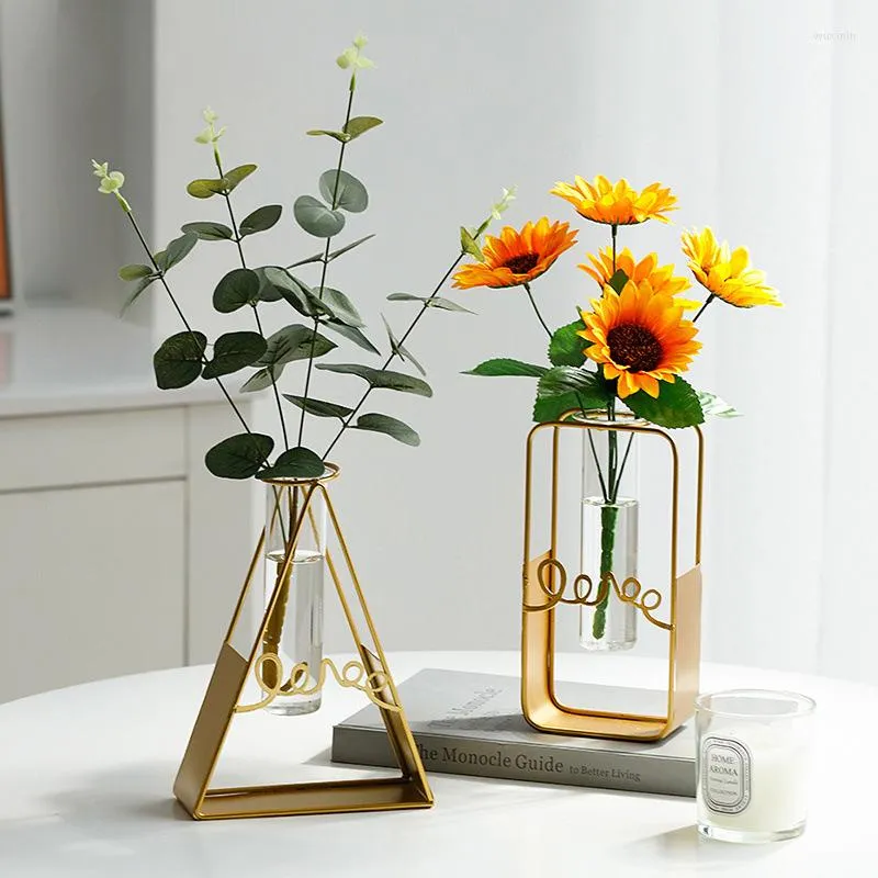 Vase Nordic Creative Vase Home Decoration GoldenGlass Hydroponic Plant Standワイヤーフラワーオーナメントガーデン