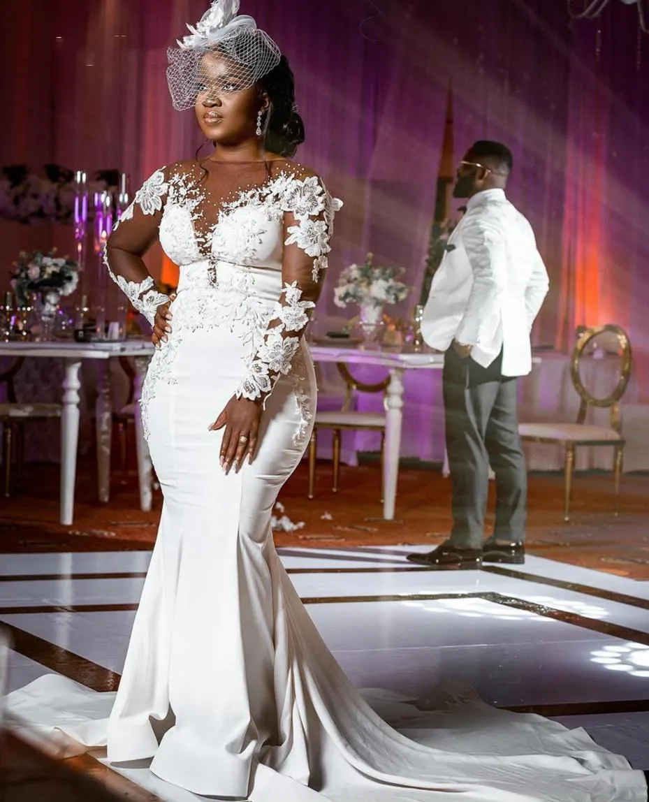 Africano Mangas compridas Sereia Vestidos de noiva Floral Apliques de renda floral Vestidos de noiva formal de longa miçanga 2023 Ivory elegante noiva