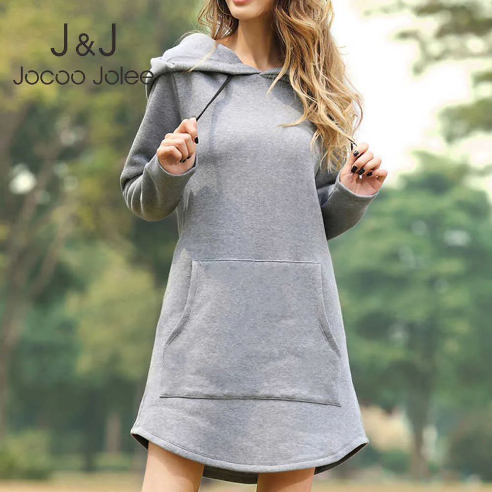 Casual Dresses Jocoo Jolee Women Fashion Hoodies Dress Spring Solid Big Pocket Sweatshirt Korean Pop Hoody Casual Long Tops Oversized Pullover Z0216