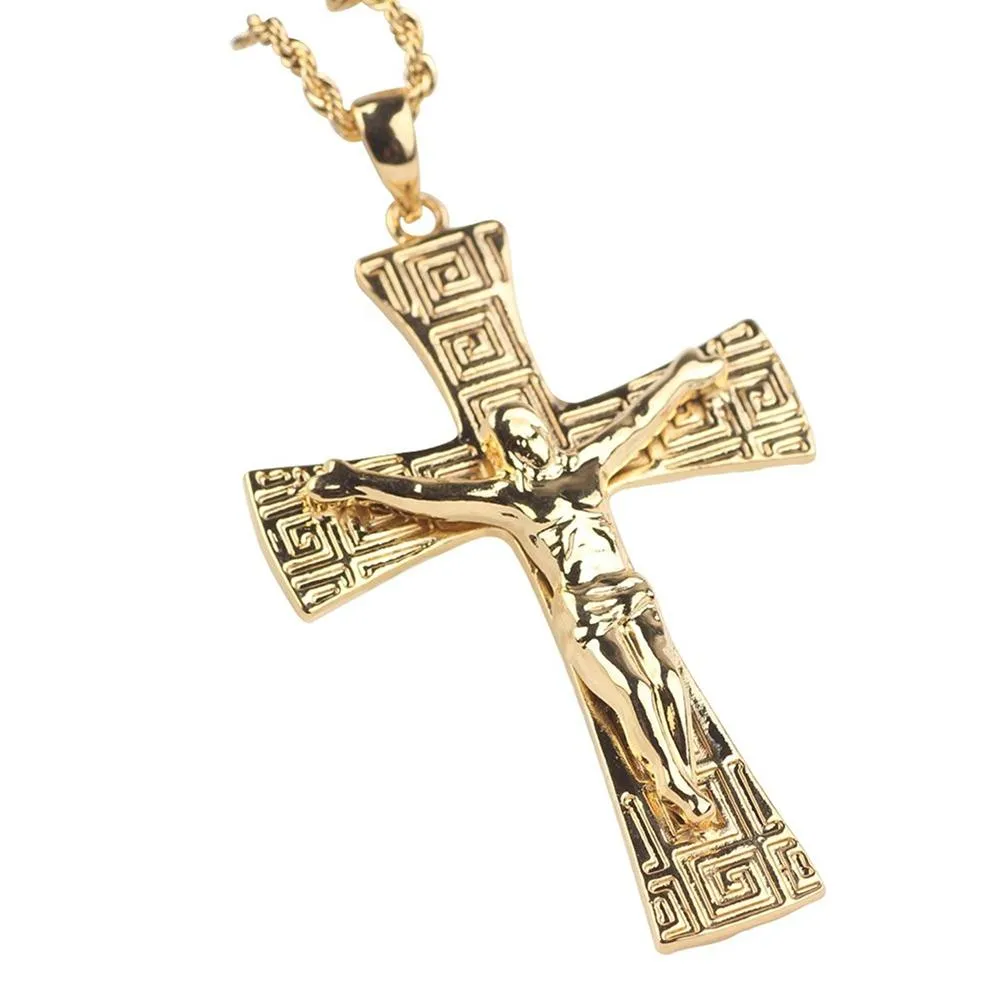 Femmes Hommes Pendentif Chaîne Grand Jésus Croix Solide Réel Mode 18k Or Jaune Rempli Classique Crucifix Unisexe Vintage À La Mode Croyant Bijoux Cadeau