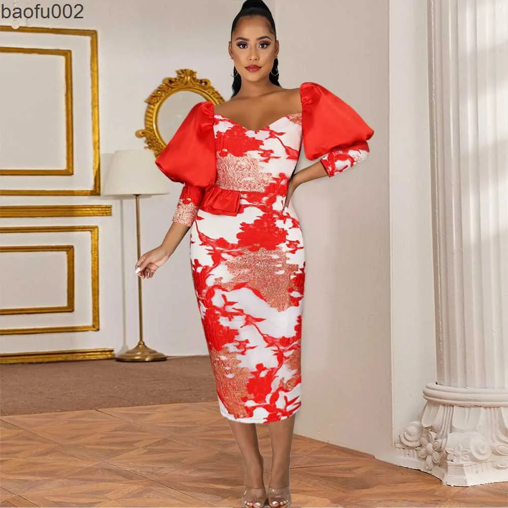 Casual Dresses Long Puff Sleeve Peplum Bodycon Dress Vintage Big Size Evening Party Dress Women Elegant V Neck Print Floral Red Pencil Dress W0315