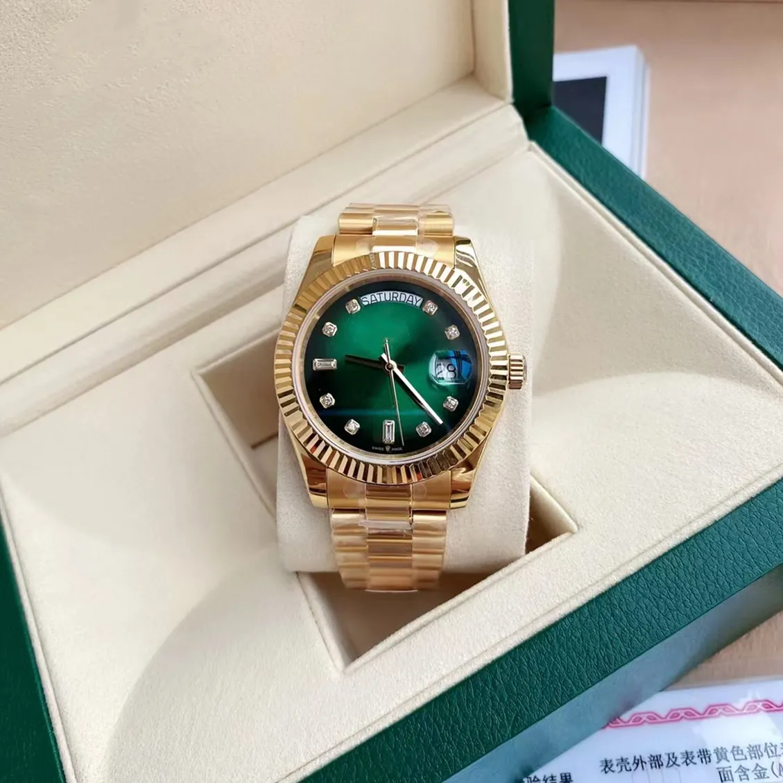 Original Box Certificate 18K Gold President Male Watches Day Date Diamonds Green Dial Watch Män rostfritt Bezel Automatisk armbandsur 2023