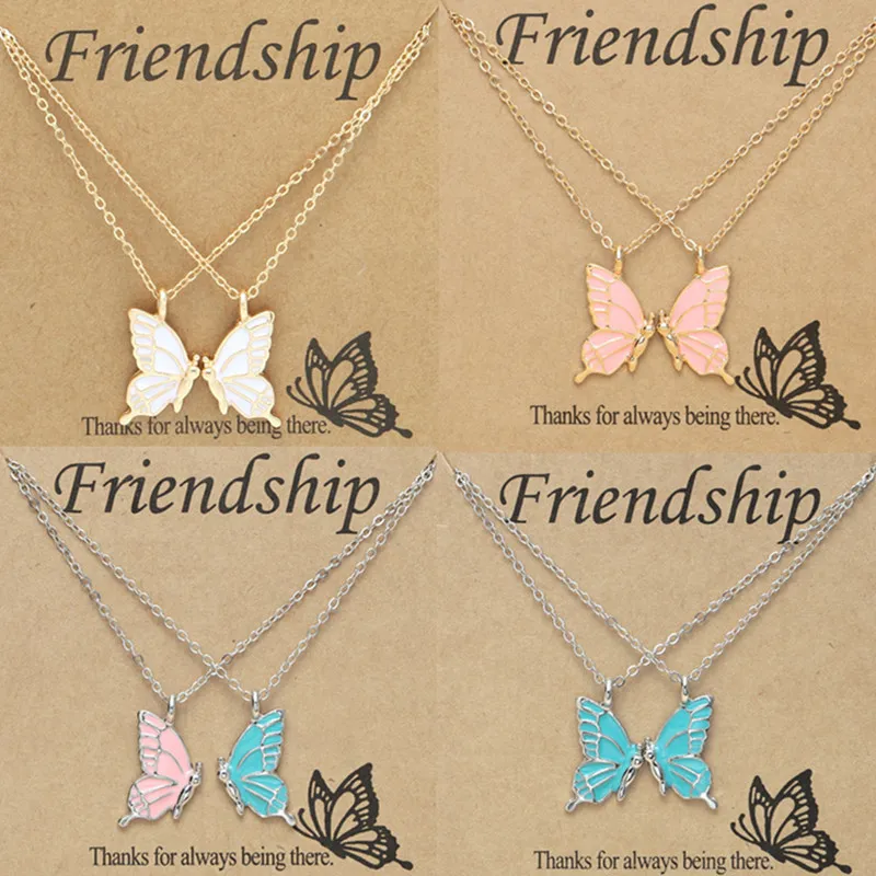 2 -stks /set beste vriend roze vlinder hangdoek vrouw ketting ontwerper sieraden south legering zilveren vergulde ketting meisjes kettingen choker vriendschap met kaartcadeau