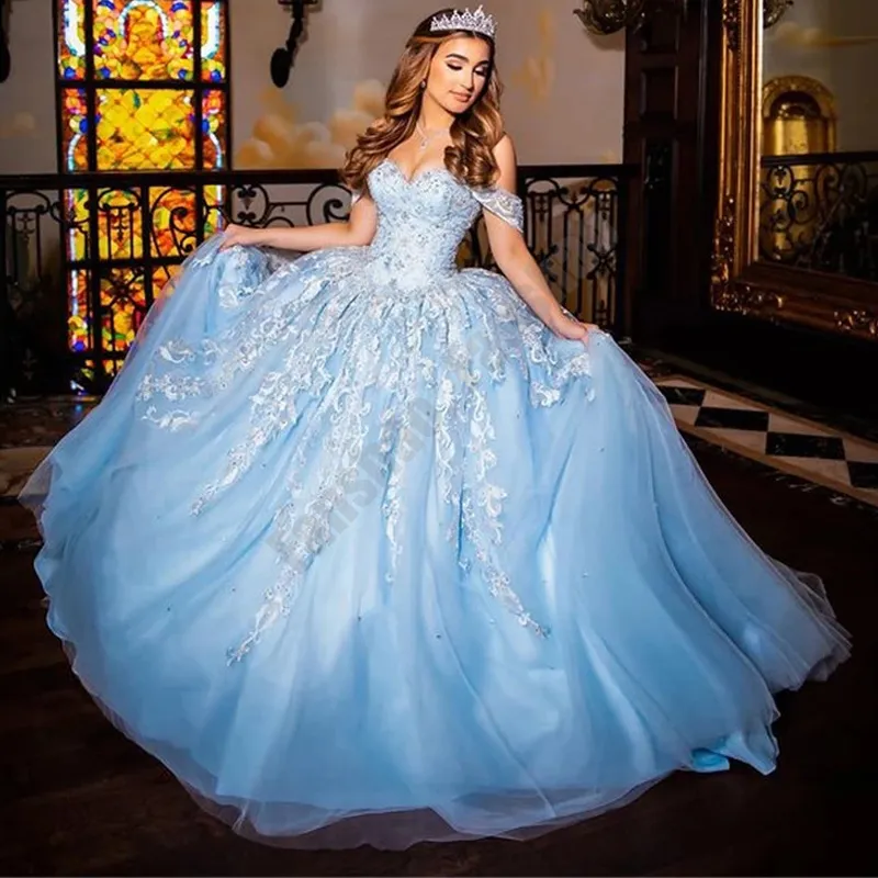 Quinceanera Sukienki jasnoniebieskie niebieskie aplikacje koronkowe ukochane księżniczka seksowna suknia balowa z tiulami plus size słodka 16 debiutanta urodziny vestidos de 15 anos 53