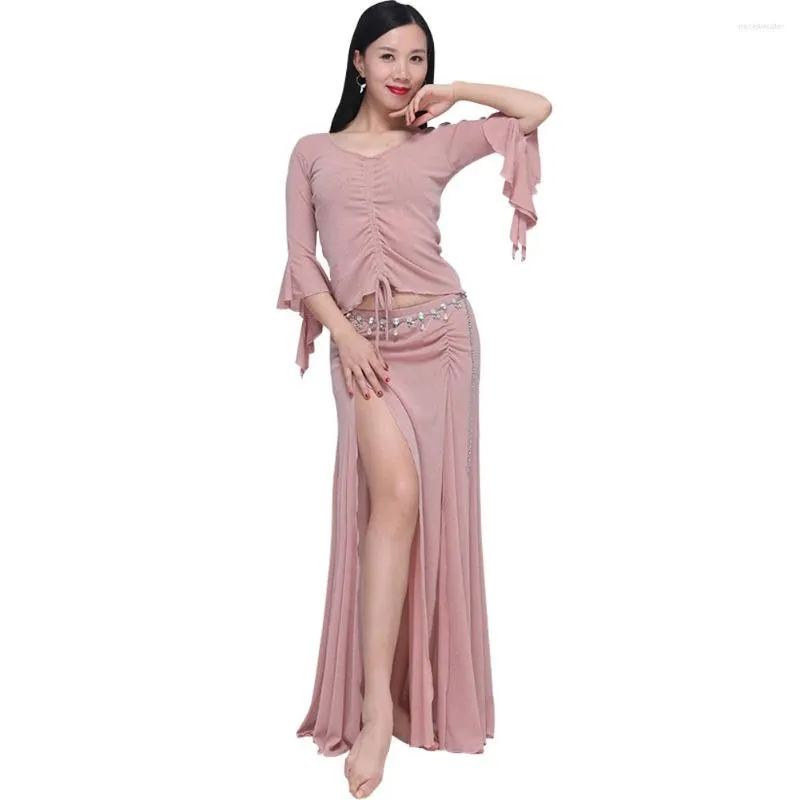 Stage Wear Belly Dance Top Dress With Ineer Pants Set V-Neck Slim India Custome Trumpet Sleeve Slit Practice Suit