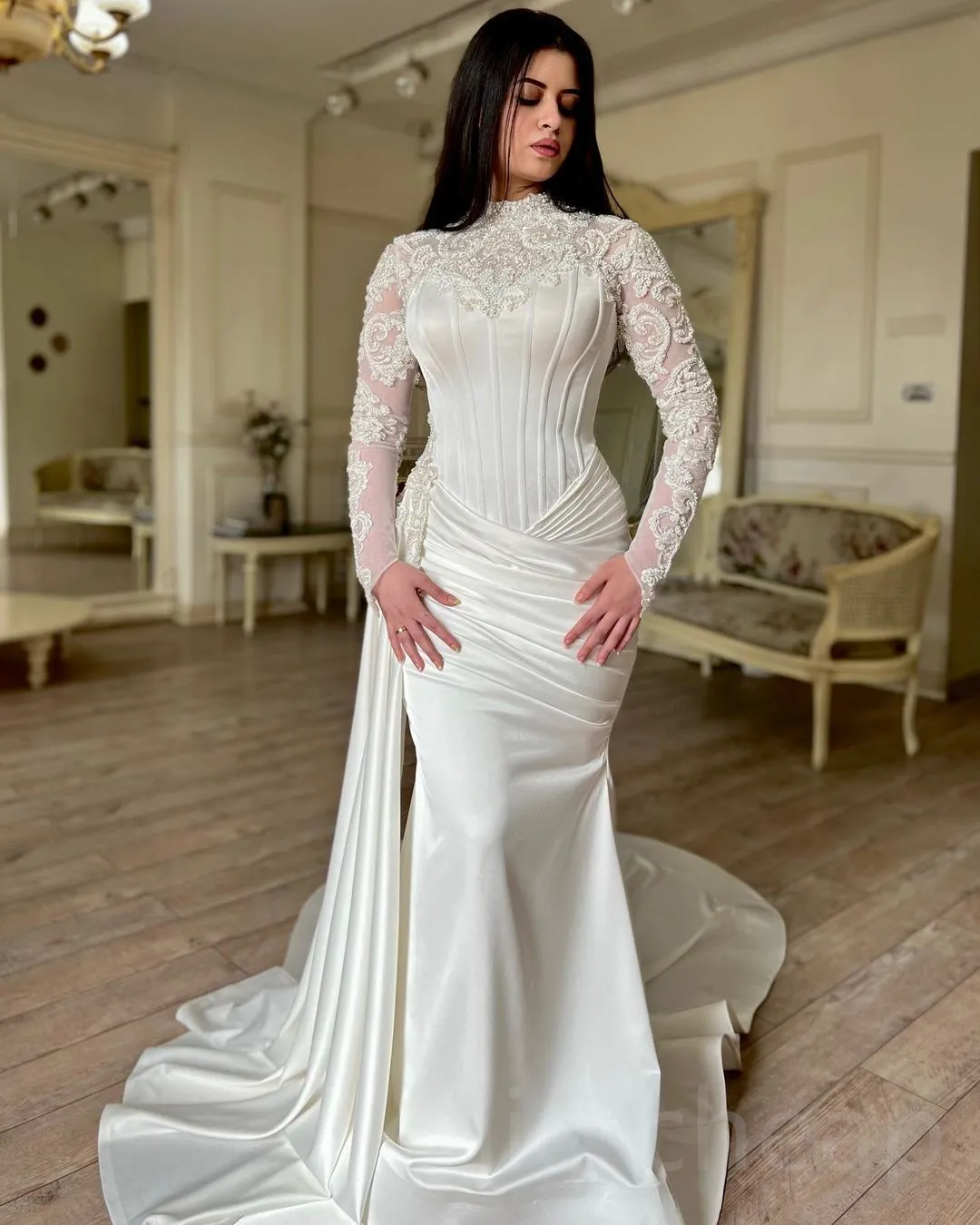 2023 Arabic Aso Ebi Mermaid Satin Wedding Dress Lace Beaded Long Sleeves Ivory Bridal Gowns Dresses ZJ0550