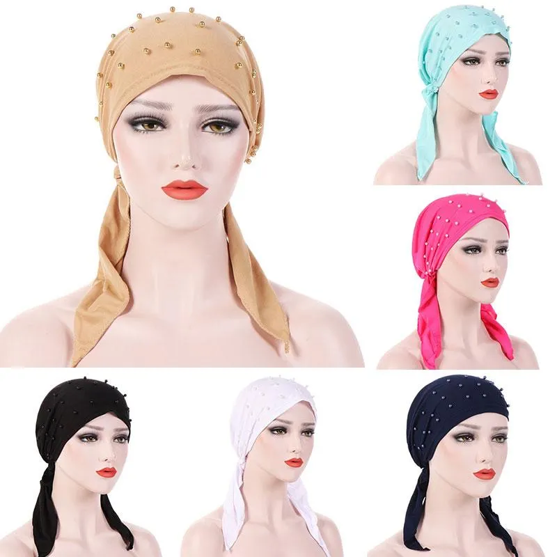 Mützen Beanie/Schädelkappen 2023 Mode Muslim Kopftuch Hut Dünne Sommer Frauen Inner Hijab Bonnet Solide Perle Turban Indien Kopf Wrap Hüte für