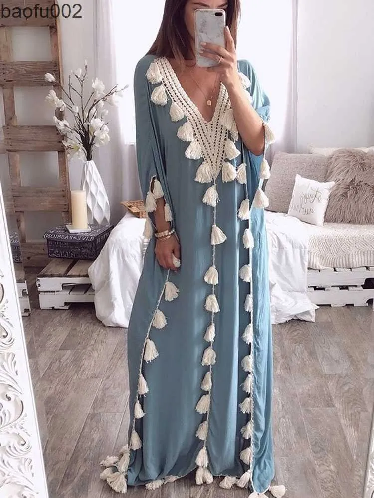 Casual klänningar Casual Bohemian Loose Tassel Ruffer Long Dress Kort ärmstrandklänning 2023 Summer Muslim Marockan Kaftan Maxi Dress A1384 W0315