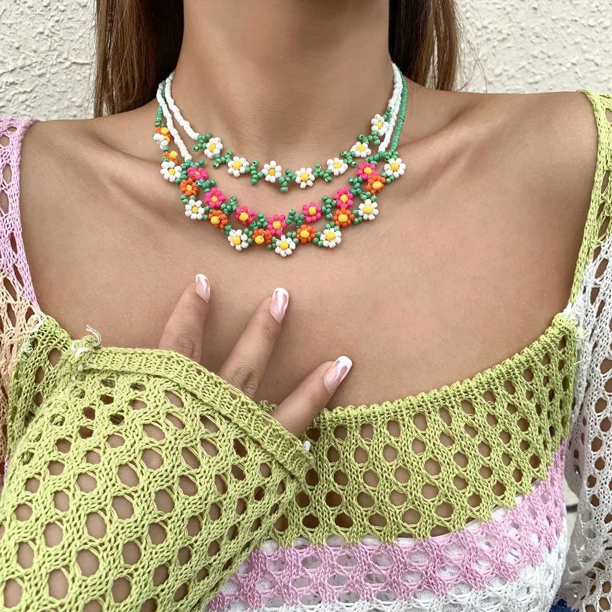 Chokers Salircon Trend Bohemia Rainbow Color Seed Beads Chain Choker Necklace For Women Korean Fashion Small Flowers Accessories Jewelry Y2303