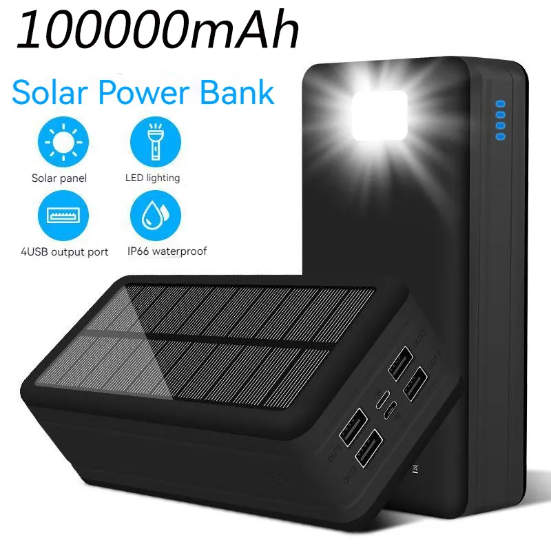 100000 mAh Outdoor Solar Power Bank Laad Case External Smart Battery Pack LED Light 4 USB Charger Three Prevention Power Lamp