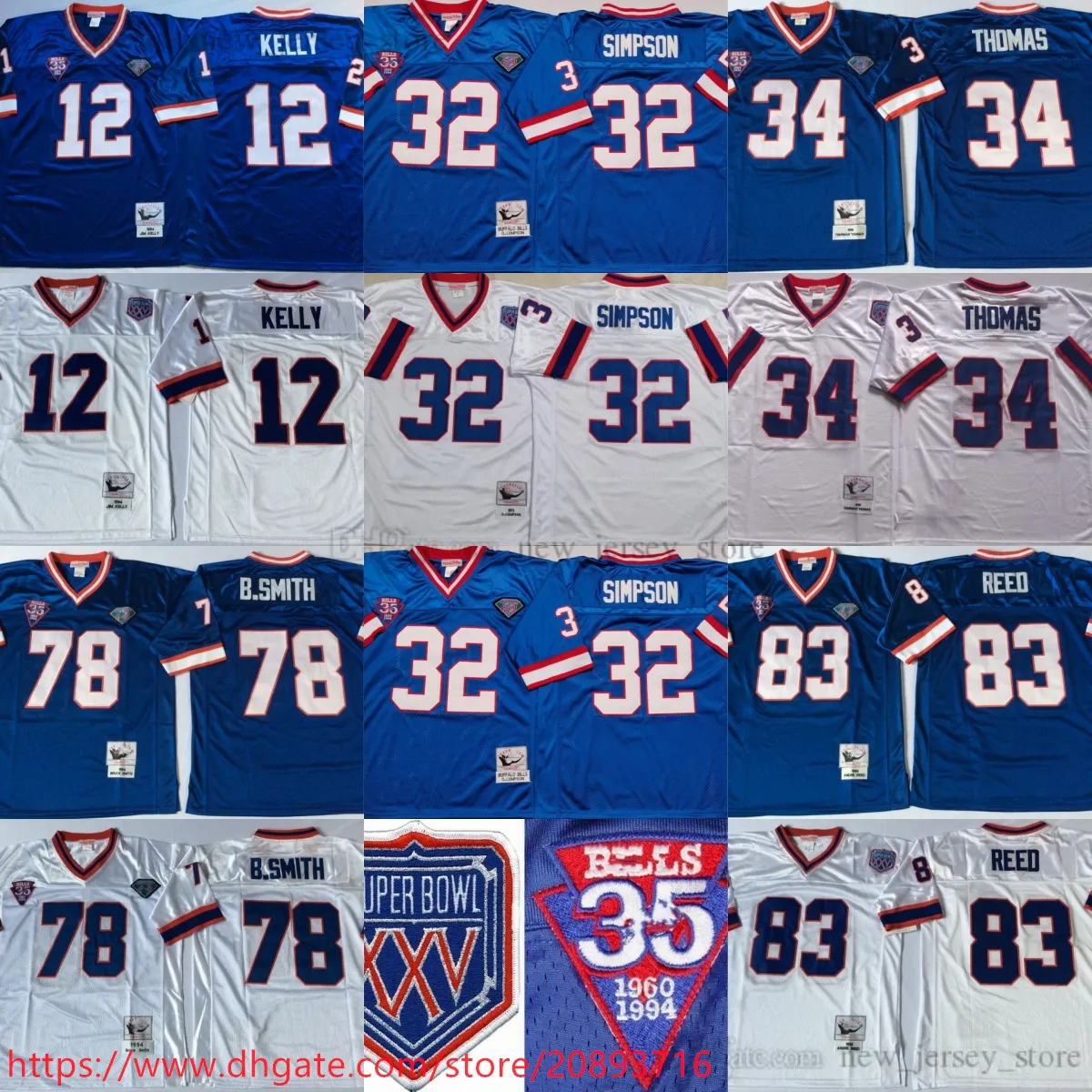 NCAA Throwback 32 OJ Simpson voetbalshirts Retro Stitch 12 Jim Kelly 34 Thurman Thomas 78 Bruce Smith 83 Andre Reed Jersey College Blue White