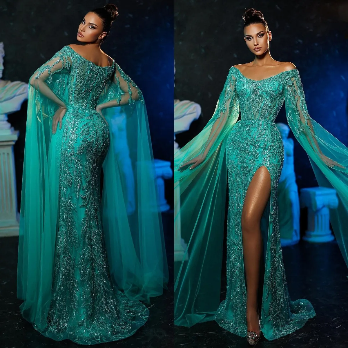 Vestidos de graduación de sirena verde turquesa con cuentas laterales de cristal partido Formal de noche segunda recepción vestidos de cumpleaños de compromiso