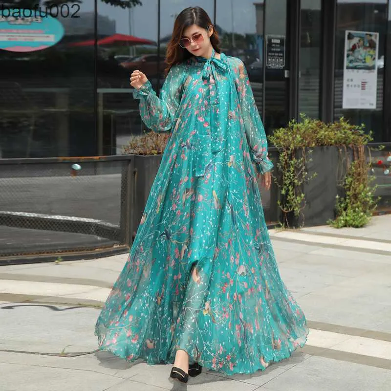 Casual klänningar 2023 Ny anländer Chiffon långärmad blommig tryckklänning boho plus storlek kvinnor strand fest trädgård maxi klänning elegant vestidos mantel w0315