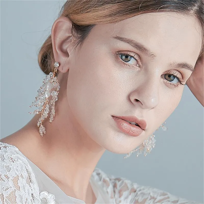 Jonnafe – boucles d'oreilles pendantes faites à la main, strass, cristal, perle de riz, coquille, fleur, pendentif de mariée, lustre de mariage, bijoux à la mode