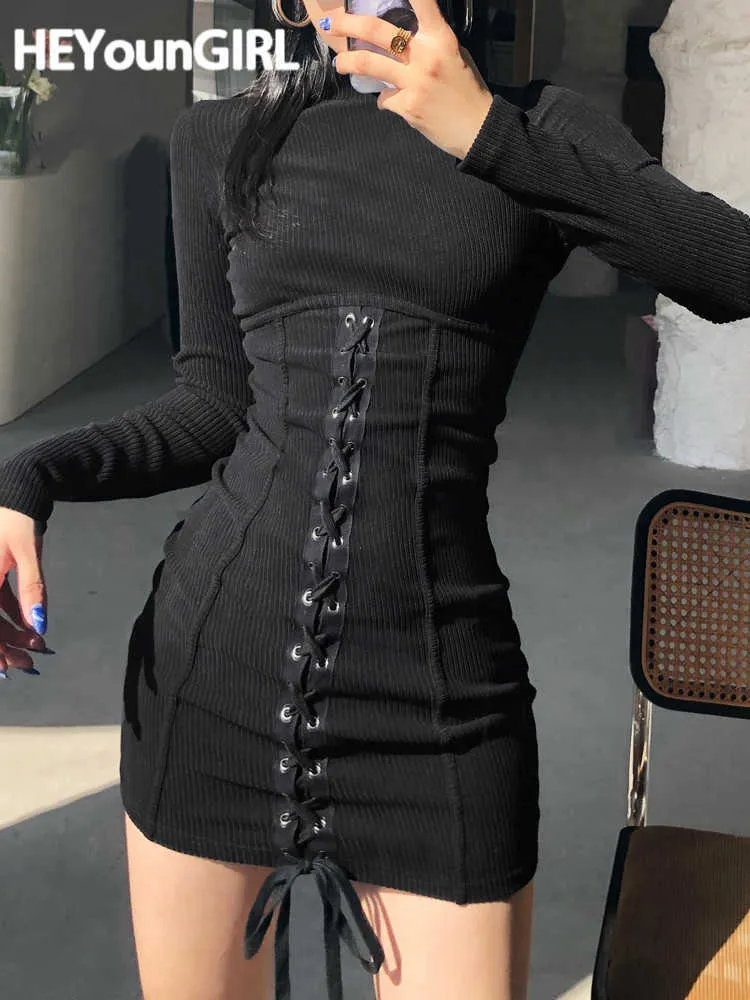 Casual Dresses Heyoungirl Tie Up Bandage Black BodyCon Dress Autumn Basic Long Sleeve Sticked Mini Dresses Ladies Skinny Winter Fashion Z0216