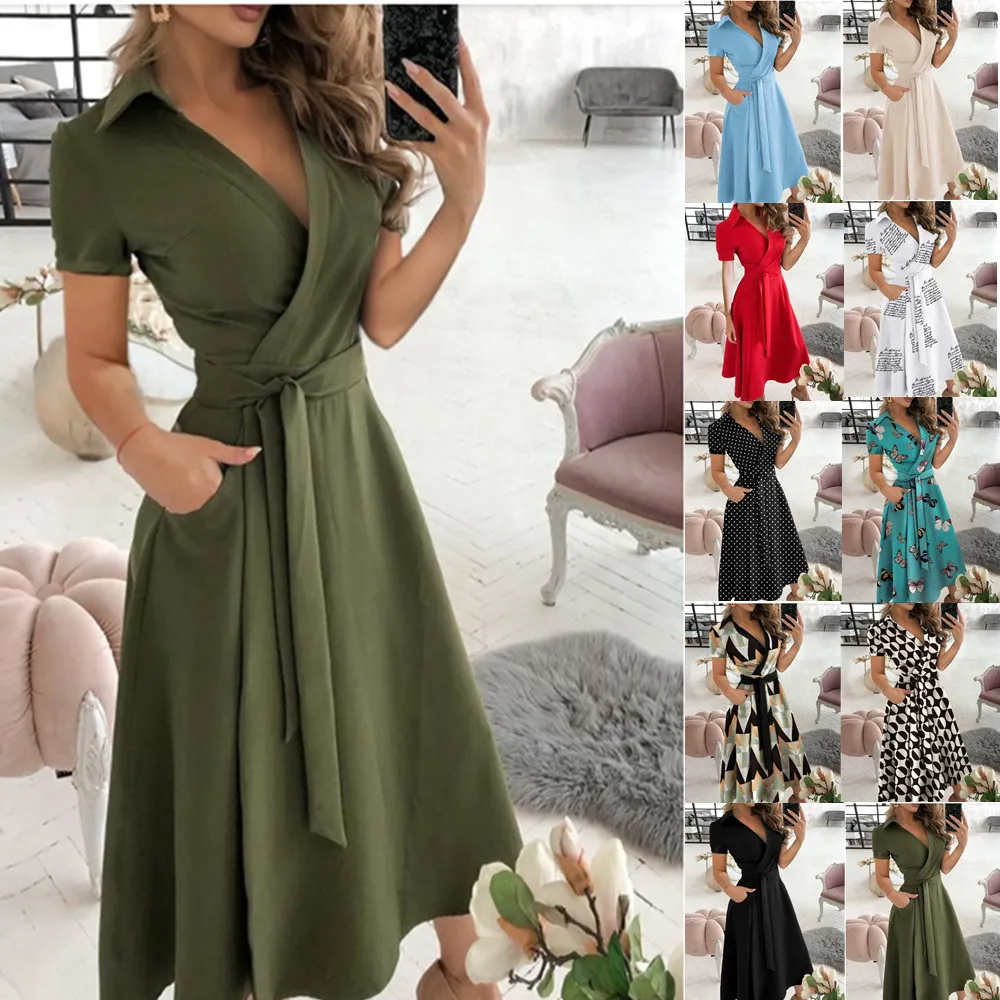 Femmes Pocket Midi Dress Casual Femme Sping Summer Col Rabattu À Manches Courtes Tunique Wrap Robes