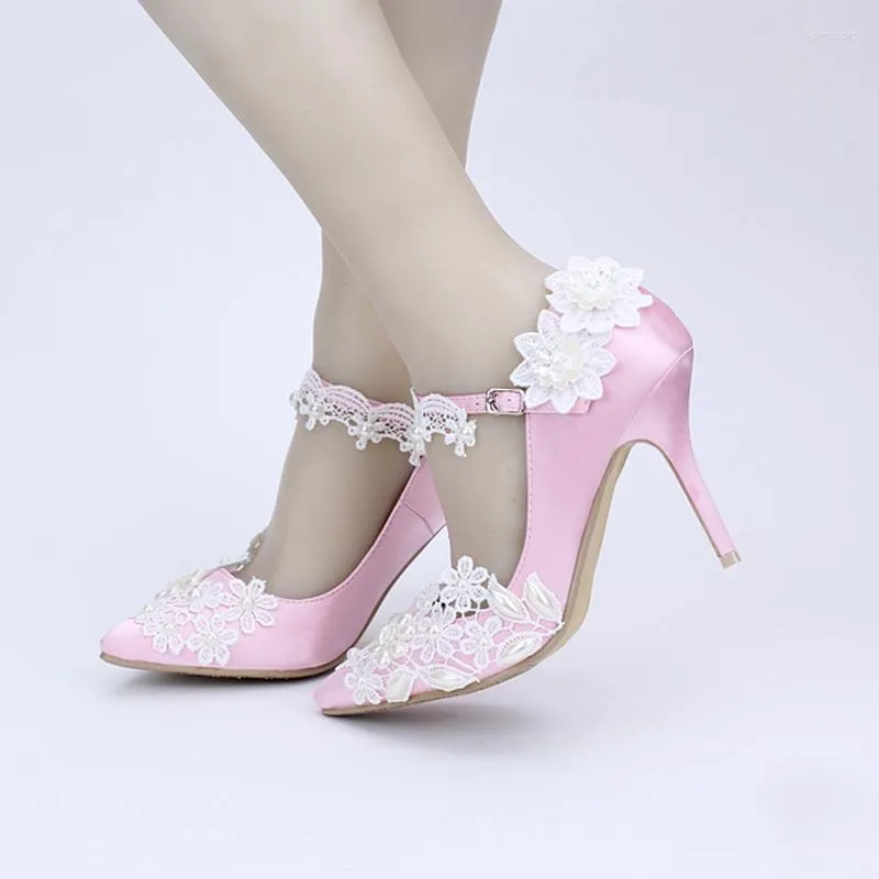 Chaussures habillées élégantes mousseux dentelle fleur pompes opulaire bout pointu talon haut mariage cheville sangles fête femmes mariée