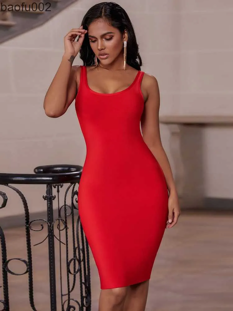 Casual Dresses Bandage Dress Red 2022 Summer Women's Midi Dress Bodycon Elegant Sexig högkvalitativ gul rosa Vit Evening Party Dress Club W0315