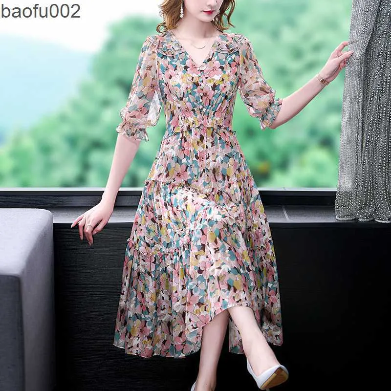 Casual Dresses Summer Floral Natural Silk V-Neck Midi Dress Women Boho Fashion Light Beach Sundress 2022 Korean Elegant Bodycon Casual Dresses W0315