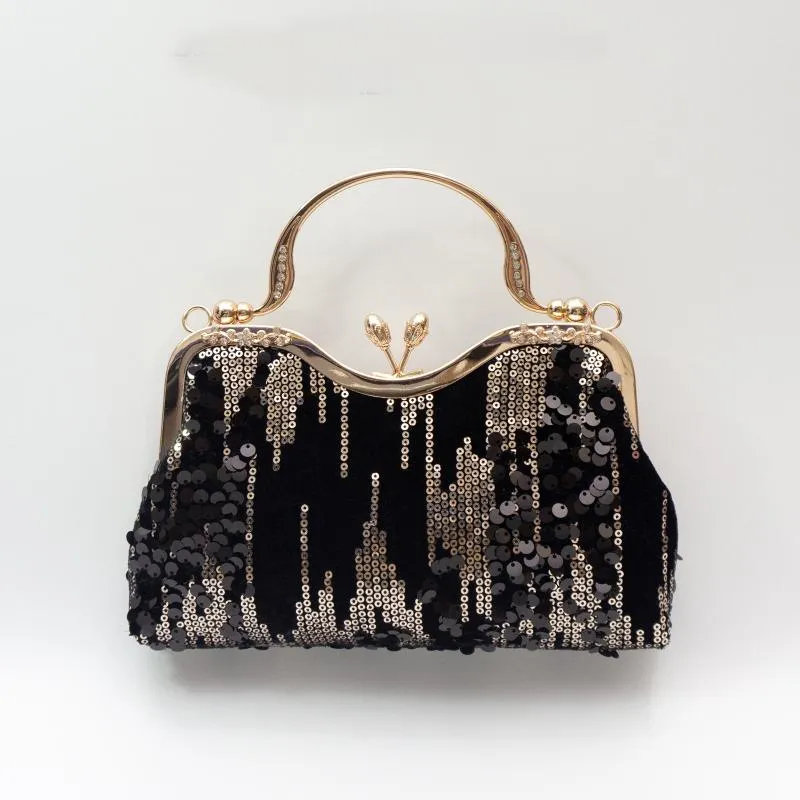 Bolsos de noche Moda de lujo Lentejuelas Terciopelo Cena Fiesta Bolsos para mujer Boda Nupcial Bolso con mango de metal Embragues Señora Bolso de noche