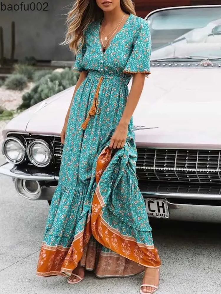 Casual Dresses 2023 Sommer Maxi Boho Kleid Frauen Quaste Böhmisches Langes Partykleid Damen Viskose Blumendruck Strandkleid Für Frauen W0315