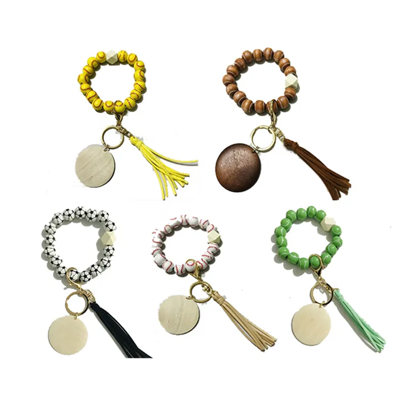 Tassel sleutelhanger kralen armband Keychains hanger feest voorstander van sportbalvoetbal honkbal basketbal houten kralenarmband