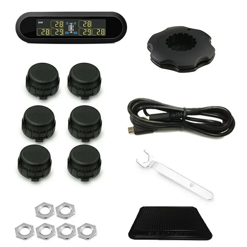 Wireless Solar TPMS With LCD Display & 4 External Sensors - Tire Pressure Monitor For Cars/Trucks Bluetooth Tire Pressure Monitor