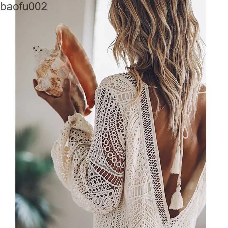 Casual jurken vrouwen sexy boho hollow out backless Deep v nek witte strandjurk lange mouw veter omhoog tassel losse vakantie casual mini jurk w0315