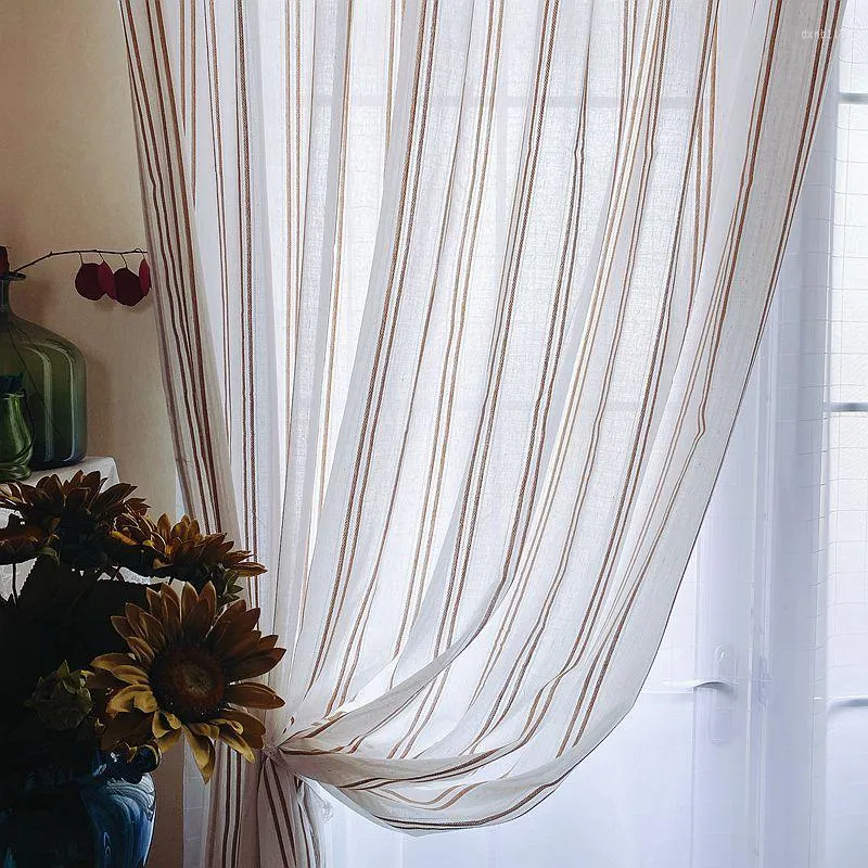 Gardin nordisk stil grädde vitt linnetyg ren garnfönster för vardagsrum sovrum balkong gemeotriska randiga mönster draperier