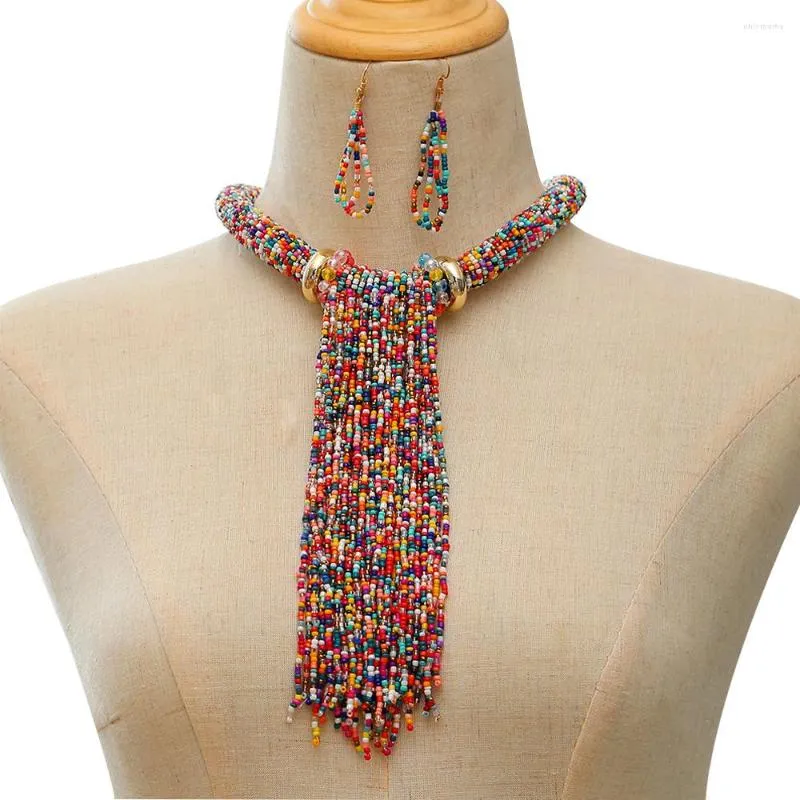 Halsband örhängen set hyperbole 8 färger frö pärlor tofs hänge choker hals travdroppar set smycken för kvinnor