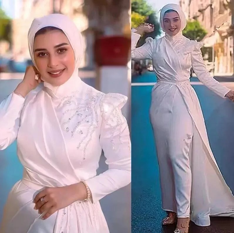 Vestidos de jumbo de hijab muçulmano A-line Vestidos de noiva Cristais de saia destacável Mangas compridas pescoço alto árabe vestidos islâmicos de novia