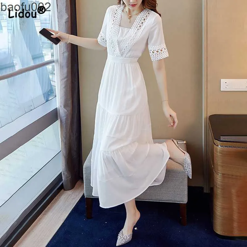 Casual Dresses Elegant Casual White V-ringen Kort ärm ihålig Empire Dress Pullover Summer New A-Line Solid Color Women's Clothing 2022 W0315