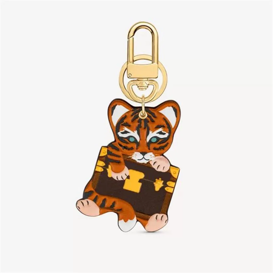 Cartoon Luxury Animal Keychain Brown Old Flower Metal Pu Leather Tiger Keychains Fashion Unisex High Quality Bag Decoration Pendan3543