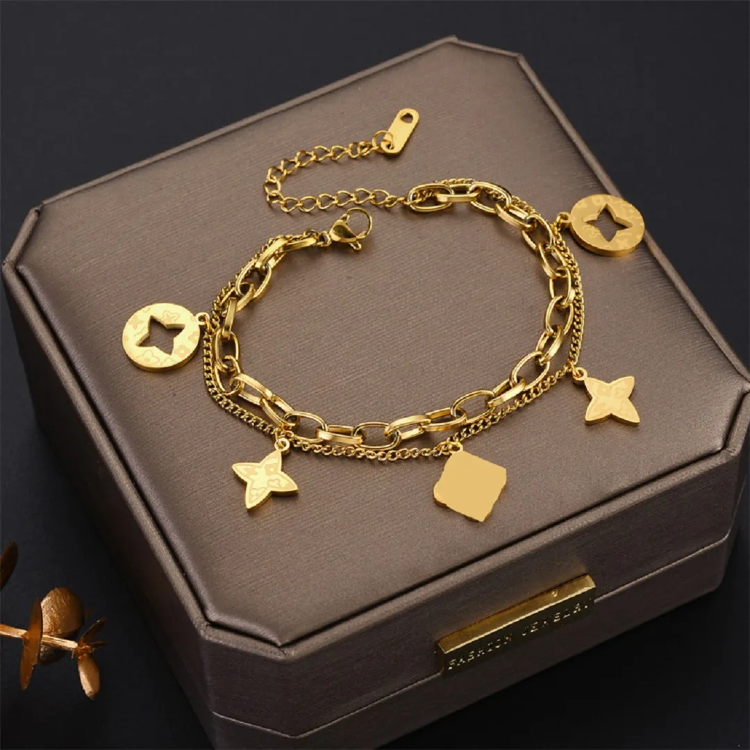 Love braceletes designer bracelets 4/Four Leaf Clover bracelet Gold Plate Fill Stainless Steel Agate Flowers Traditional Charm Lobster Link chain