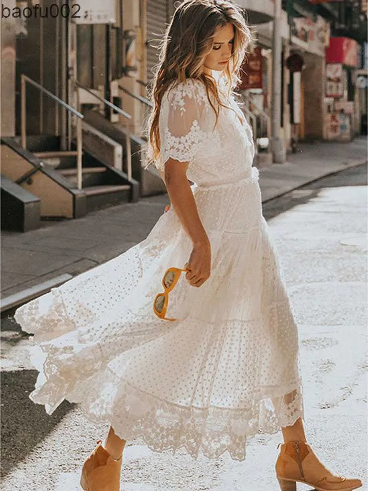 Casual Dresses Hollow Out White Summer Women Long Lace Dress Cross Semi-Sheer Plunge V-Neck Short Sleeve Beach Maxi Dress Femme Vestidos W0315