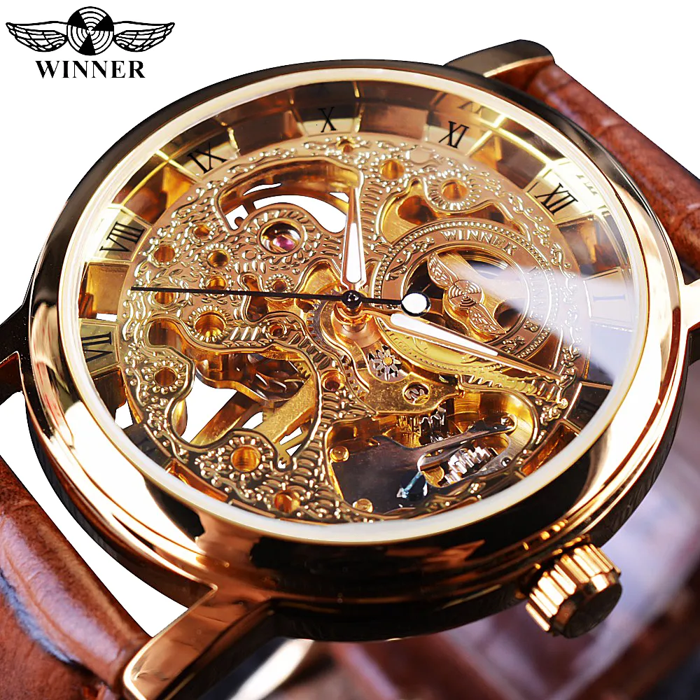 Wristwatches Winner Transparent Golden Case Luxury Casual Design Brown Leather Strap Mens Watches Top Brand Mechanical Skeleton Watch 230314