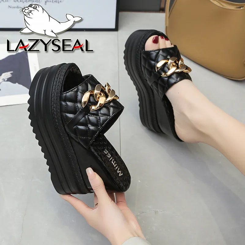 GAI Lazysea 12cm Super High Heels Slippers Metain Chain Height Increasing Slides Women Shoes Platform Wedding Shoe 230314