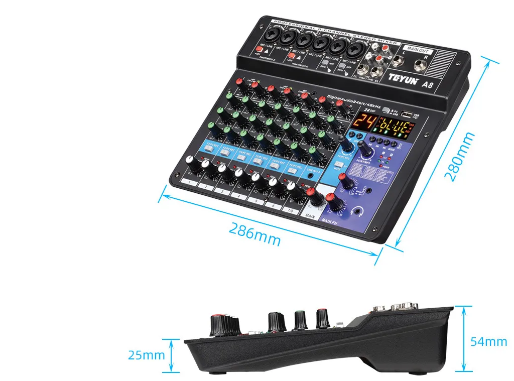 TEYUN 8-Kanal professioneller tragbarer Mixer Sound-Mischkonsole Computer-Eingang 48 V Leistung Modellnummer Zertifizierung Herkunftstyp