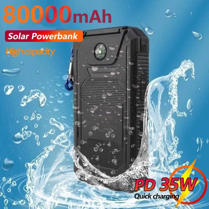 80000MAH Solar Power Bank Portable Waterproof Externt batteri med SOS LED Light Travel Powerbank för Xiaomi iPhone Samsung