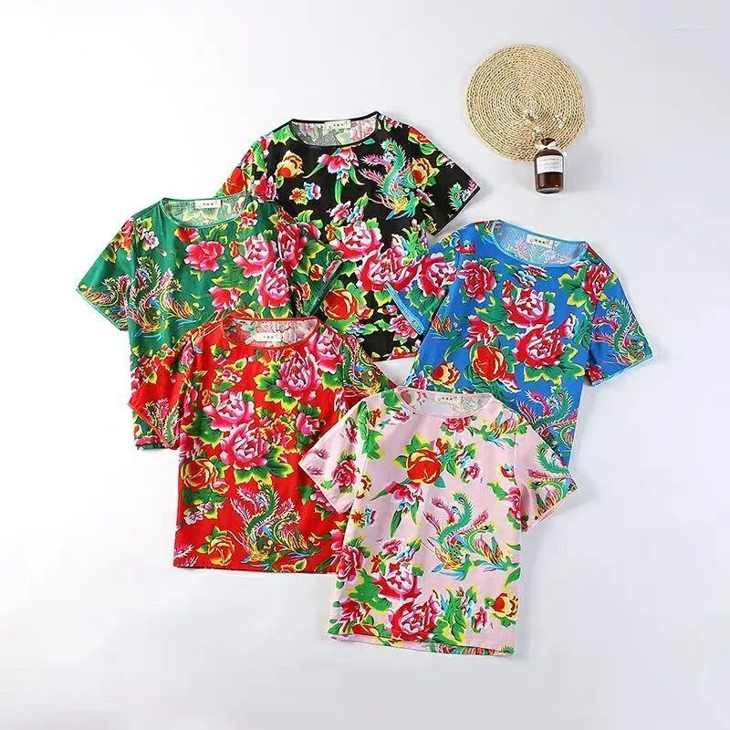 Camiseta feminina tshirt shert unsisex thin estilo chinês estilo chinês peônia estampada redonda algodão curta de manga curta praia fêmea feminina