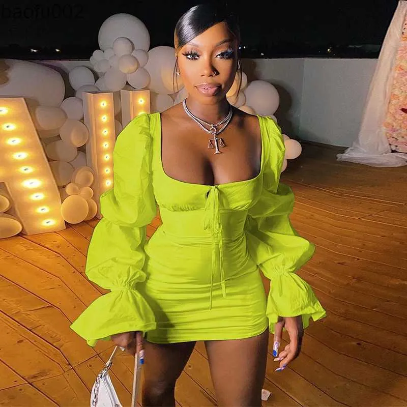 Casual Dresses Sexy Puff Sleeve Bodycon Mini Dress Bandage