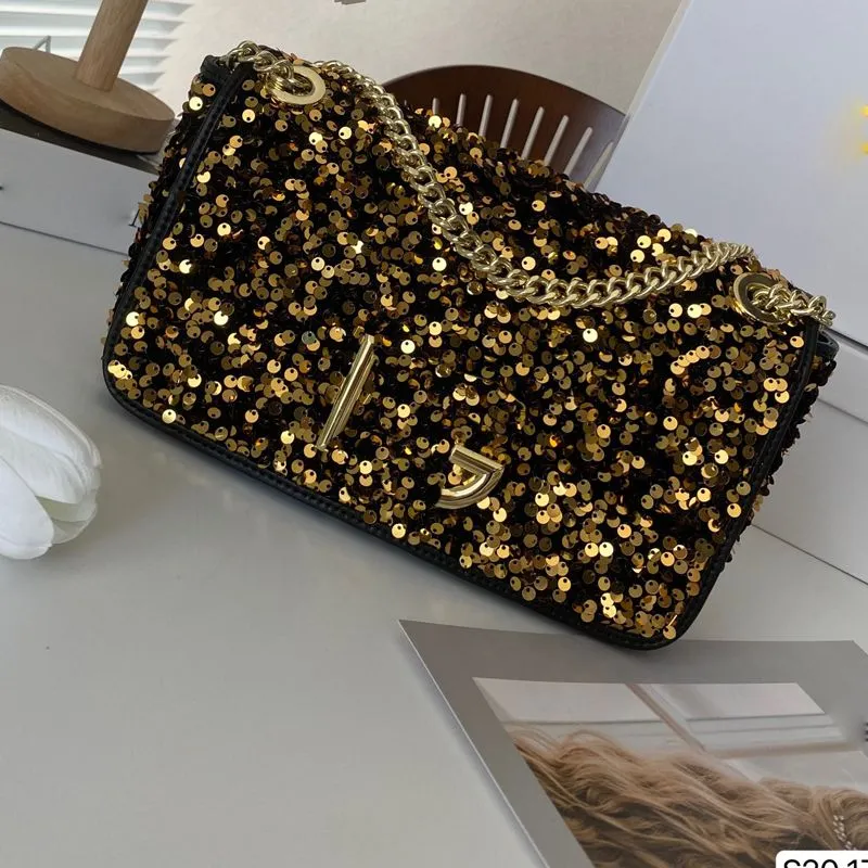 Sequin Glitter Sacs à bandoulière Bling Shiny Sac à main Gold Chain Messenger Sacs Cross Body Purse Fashion Letter Inside Zipper Pocket Glitter Wallet Sacs de soirée