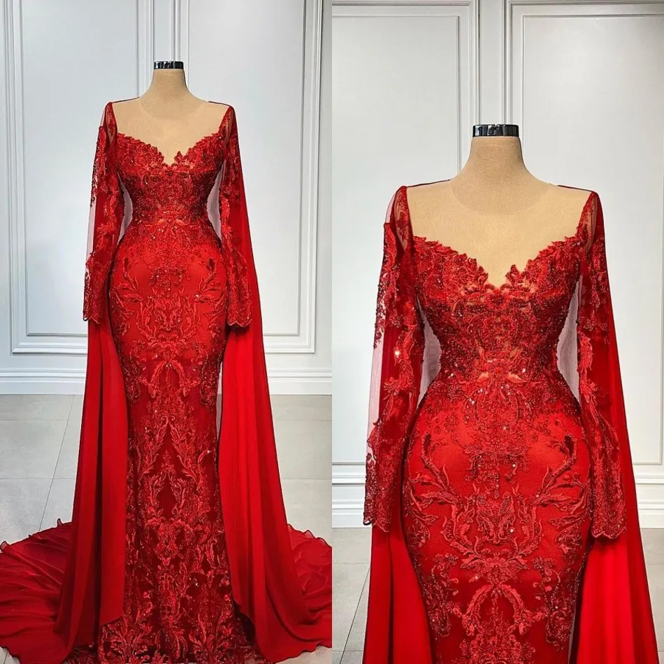 Bling Bling Muzułmańska syrena formalne sukienki wieczorowe 2023 Red with Wrap Turkish Arabski Dubai Bling Unikalne suknie balowe BC14747 GJ0315